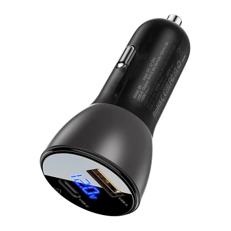 Автомобільний зарядний пристрій Acefast B6 Metal USB + USB-C with digital display 63W — фото 1