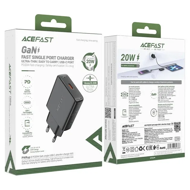 Адаптер Acefast A65 PD20W GaN Single USB-C Ultra-Thin Series — фото 3
