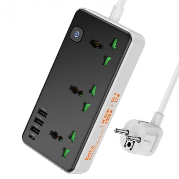 Мережевий подовжувач Hoco AC7A Storm 3 розетки + USB-C + 3×USB 1.5m — фото 2
