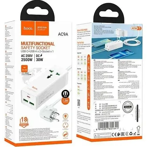 Мережевий подовжувач Hoco AC9A Talent 1 розетка + USB-C + 2×USB PD 30W 1.5m — фото 3